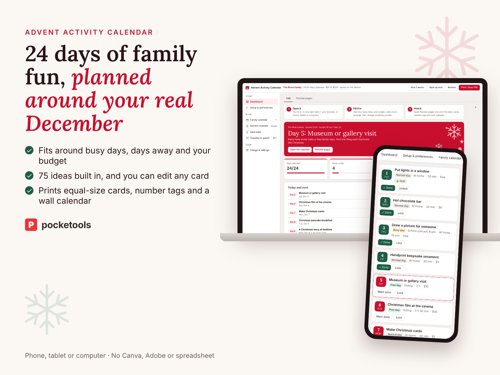 The Advent Activity Calendar on a laptop and a phone, showing today's activity and the 24-day plan