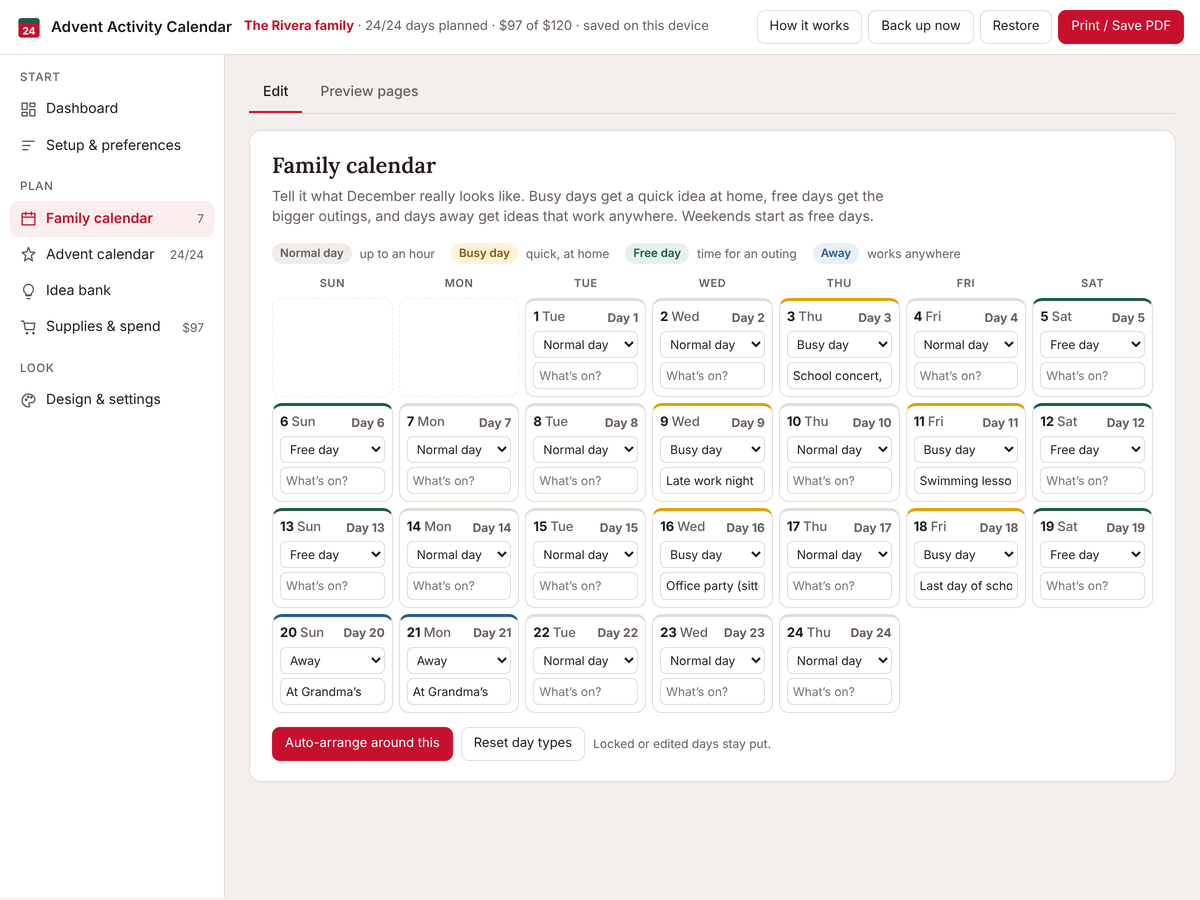 Family calendar for December with busy days, free days and two days away marked