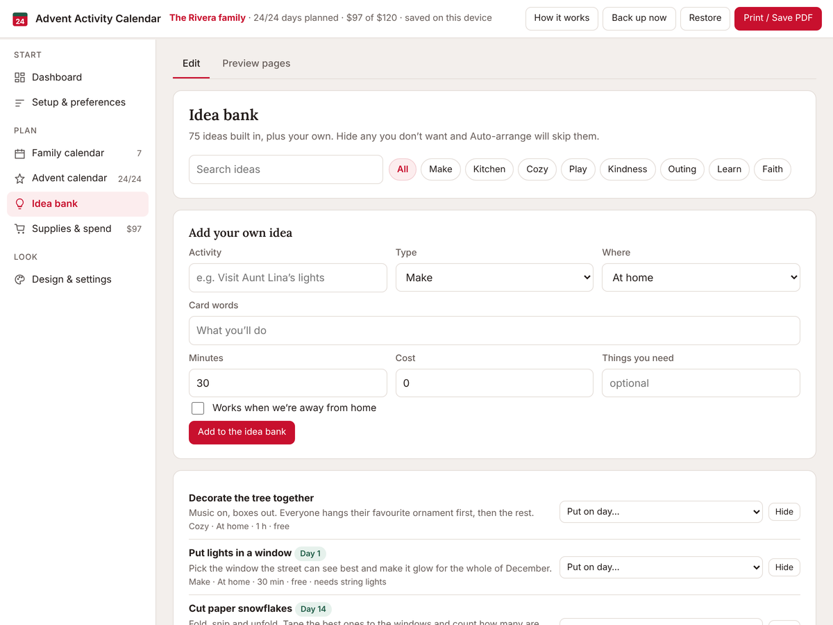 Idea bank with search, category filters and a form to add your own idea