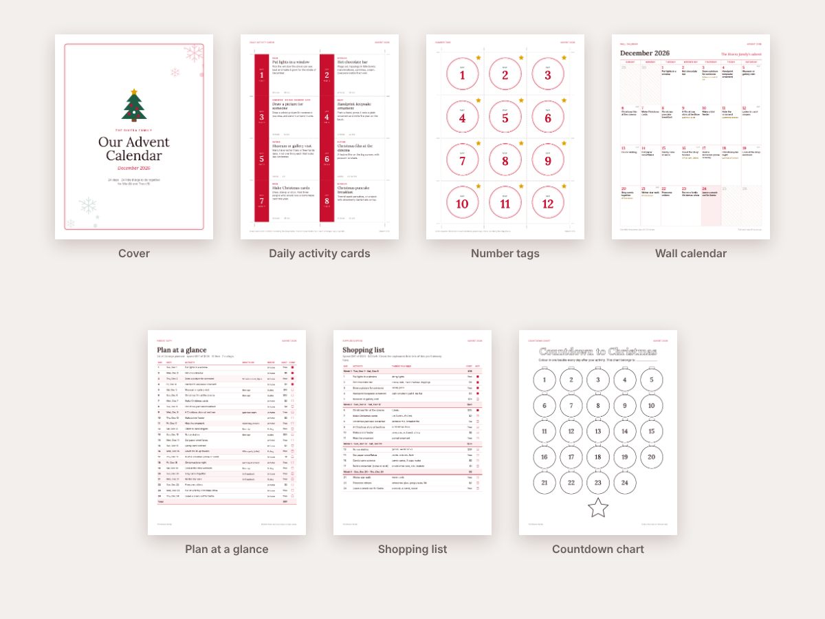 All seven printable page types shown as thumbnails