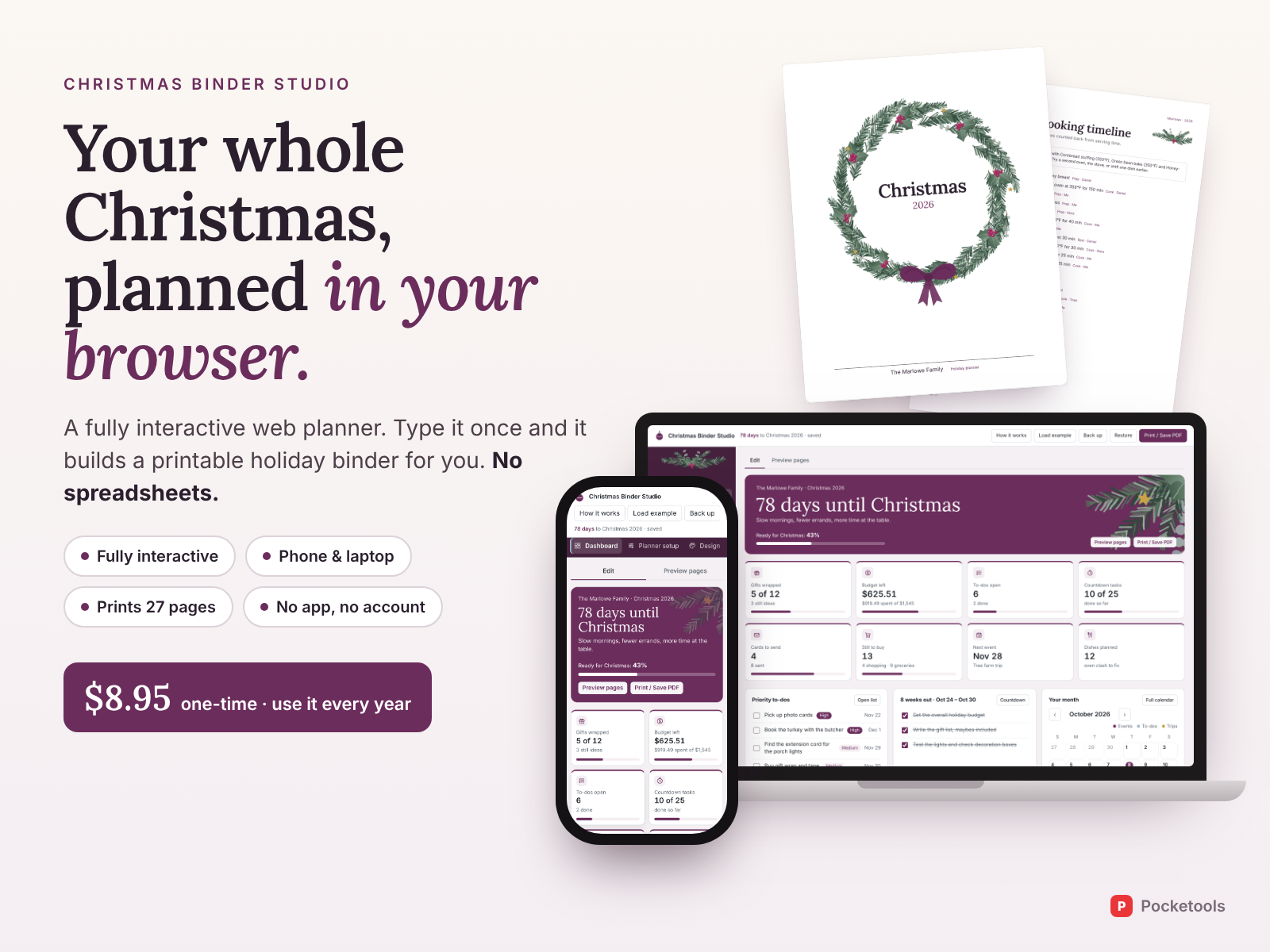 Christmas Binder Studio on a laptop with the dashboard and printed planner pages