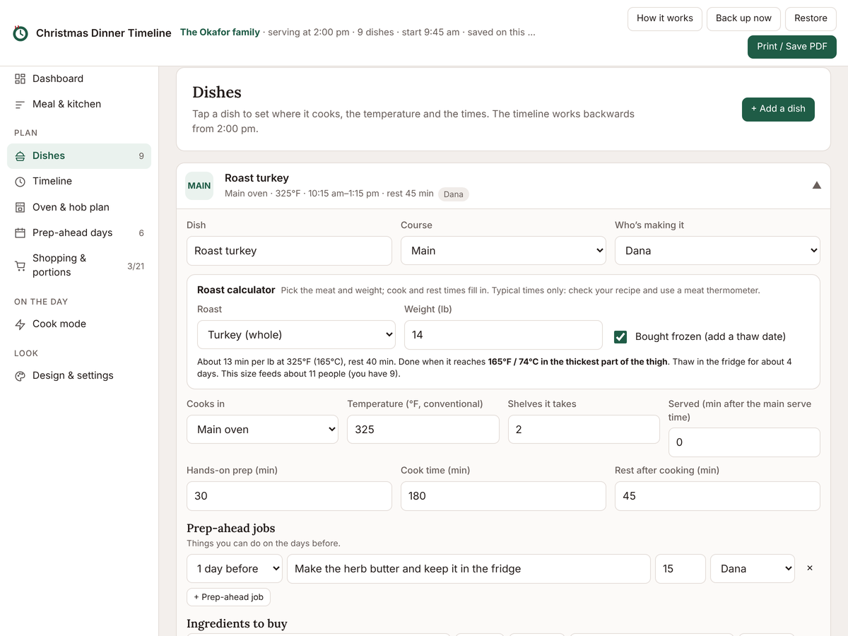 Dishes screen with the roast calculator open for a 14 lb turkey