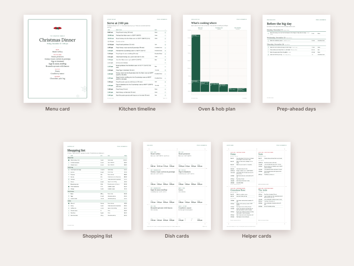 All seven printable page types shown as thumbnails