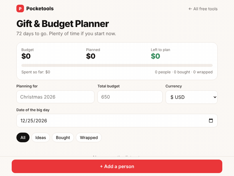Loading the example list, marking a gift bought, filtering to Bought and adding a new person