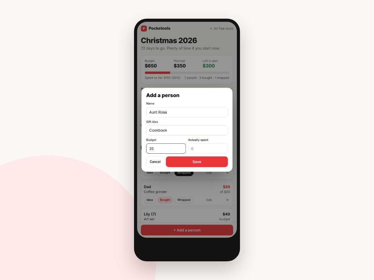 Add a person form with name, gift idea, budget and actually spent