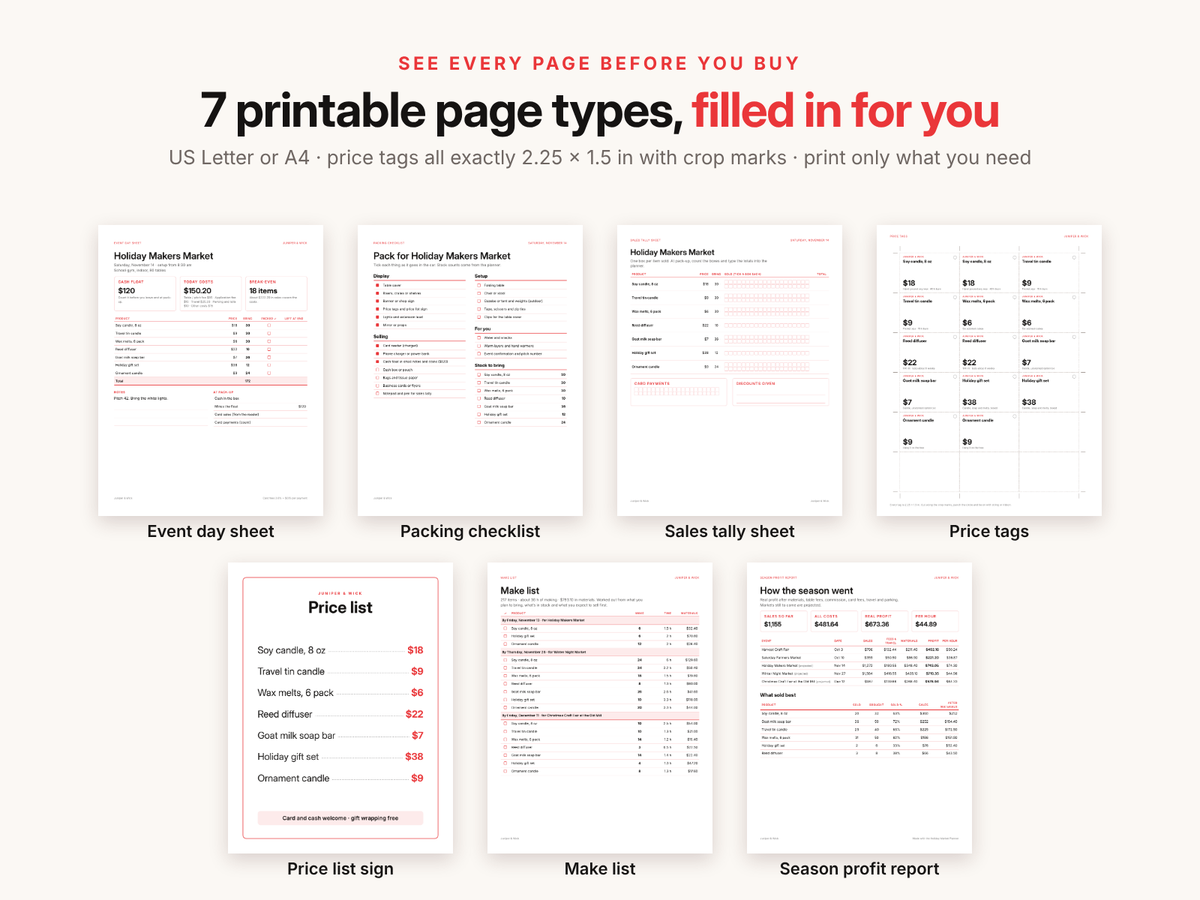 All seven printable page types shown as thumbnails
