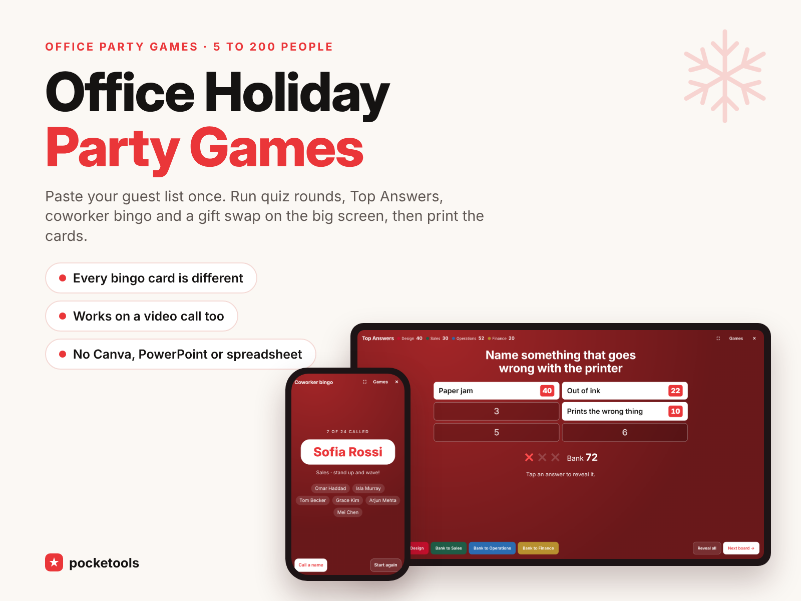 Office Holiday Party Games showing a Top Answers board on a screen and the bingo name caller on a phone