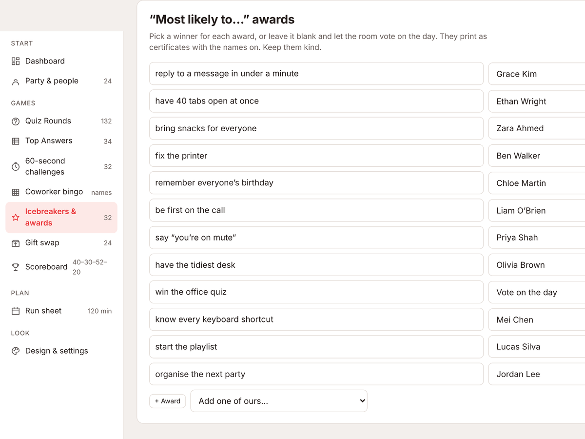 The most likely to awards list with a winner picked for each award