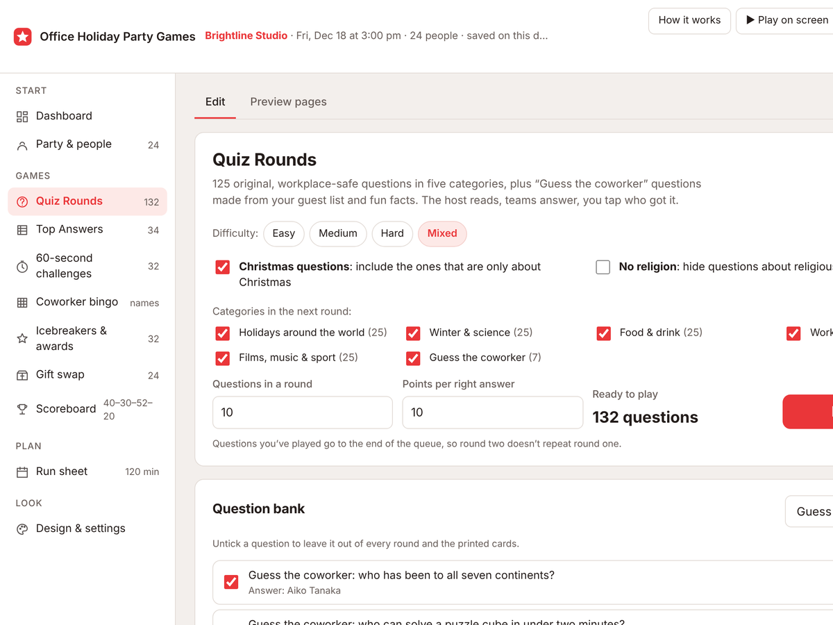 The Quiz Rounds screen showing Guess the coworker questions made from fun facts