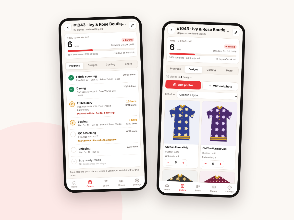 An order's Progress tab with stages, piece counts and vendors, next to its Designs tab with photos