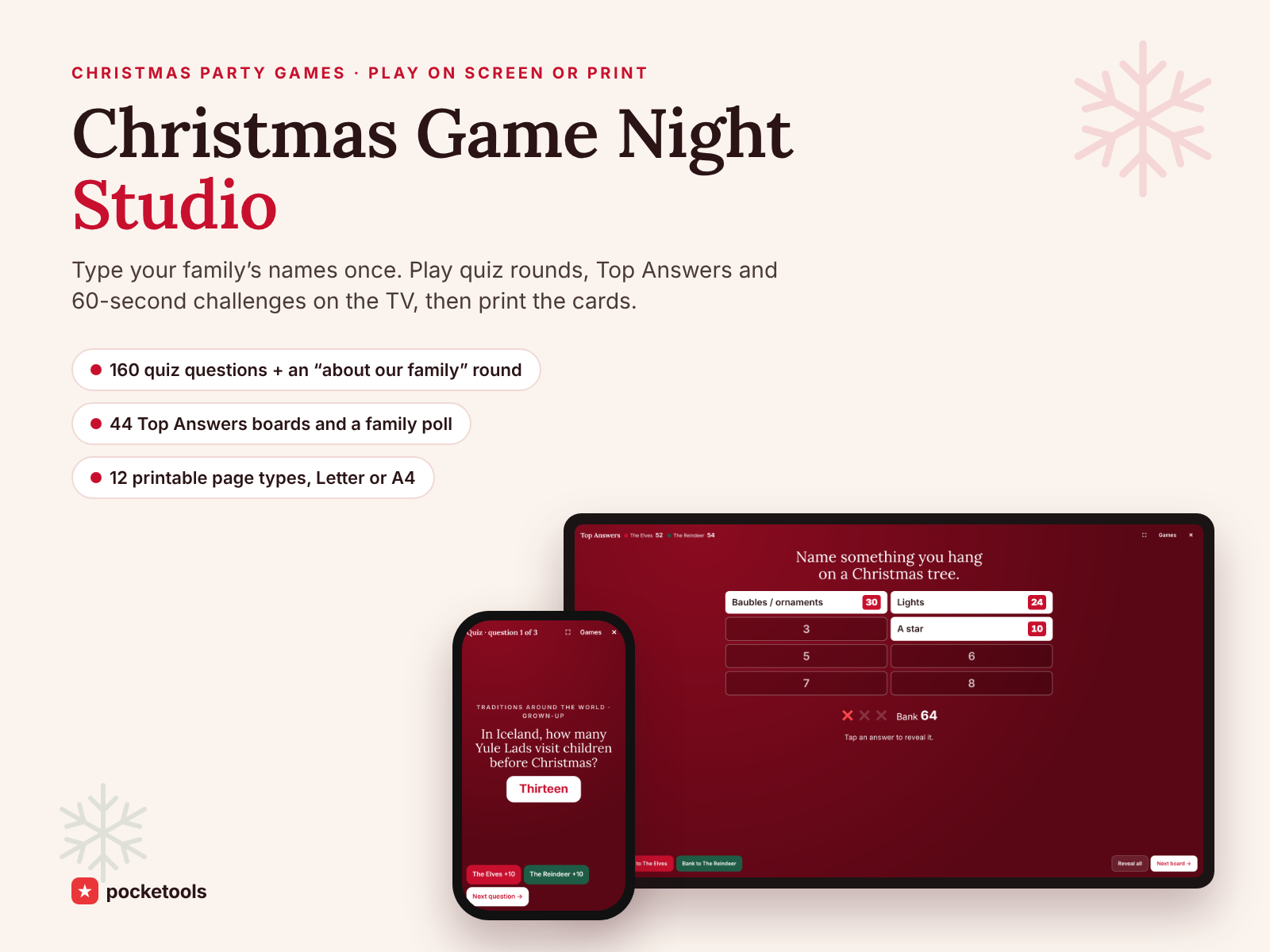Christmas Game Night Studio showing a Top Answers board on a TV and a quiz question on a phone