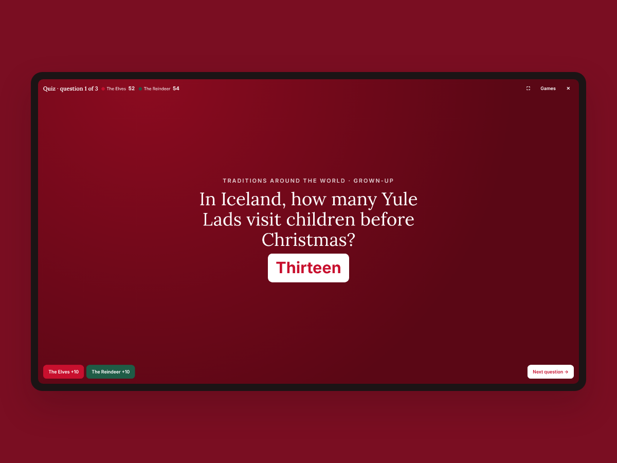 A quiz question and its answer in host mode with team buttons