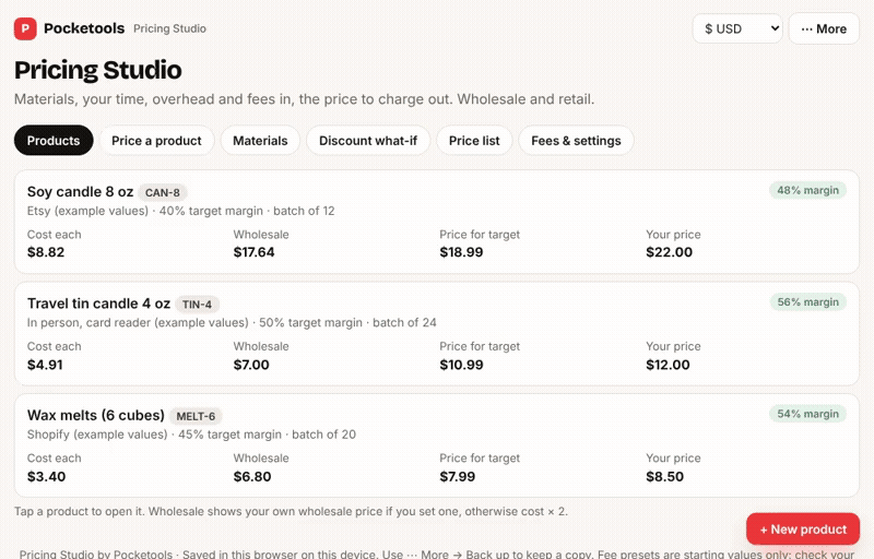 Clicking through Pricing Studio's example candle shop: products, price a product, discount what-if, price list, materials and fees