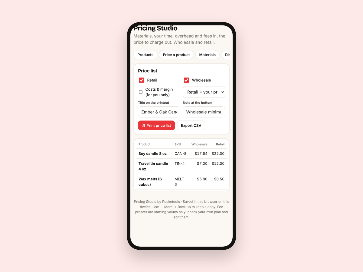 The price list settings and a table of products with wholesale and retail prices