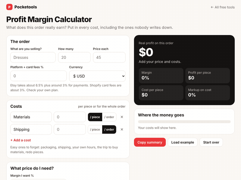Loading the example order, raising the price from $45 to $55, adding a $2 packaging cost per piece and setting a 30% target margin