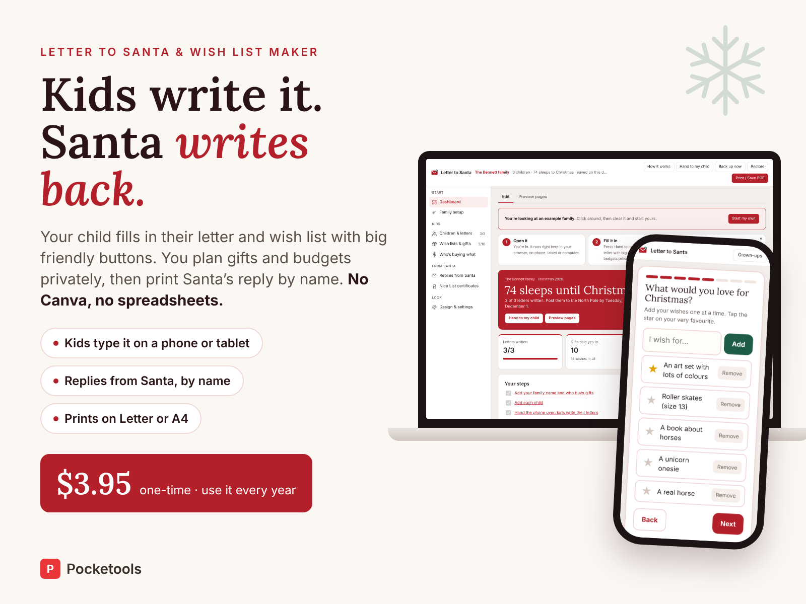 Letter to Santa on a laptop and a phone, showing the dashboard and a child's wish list in kid mode