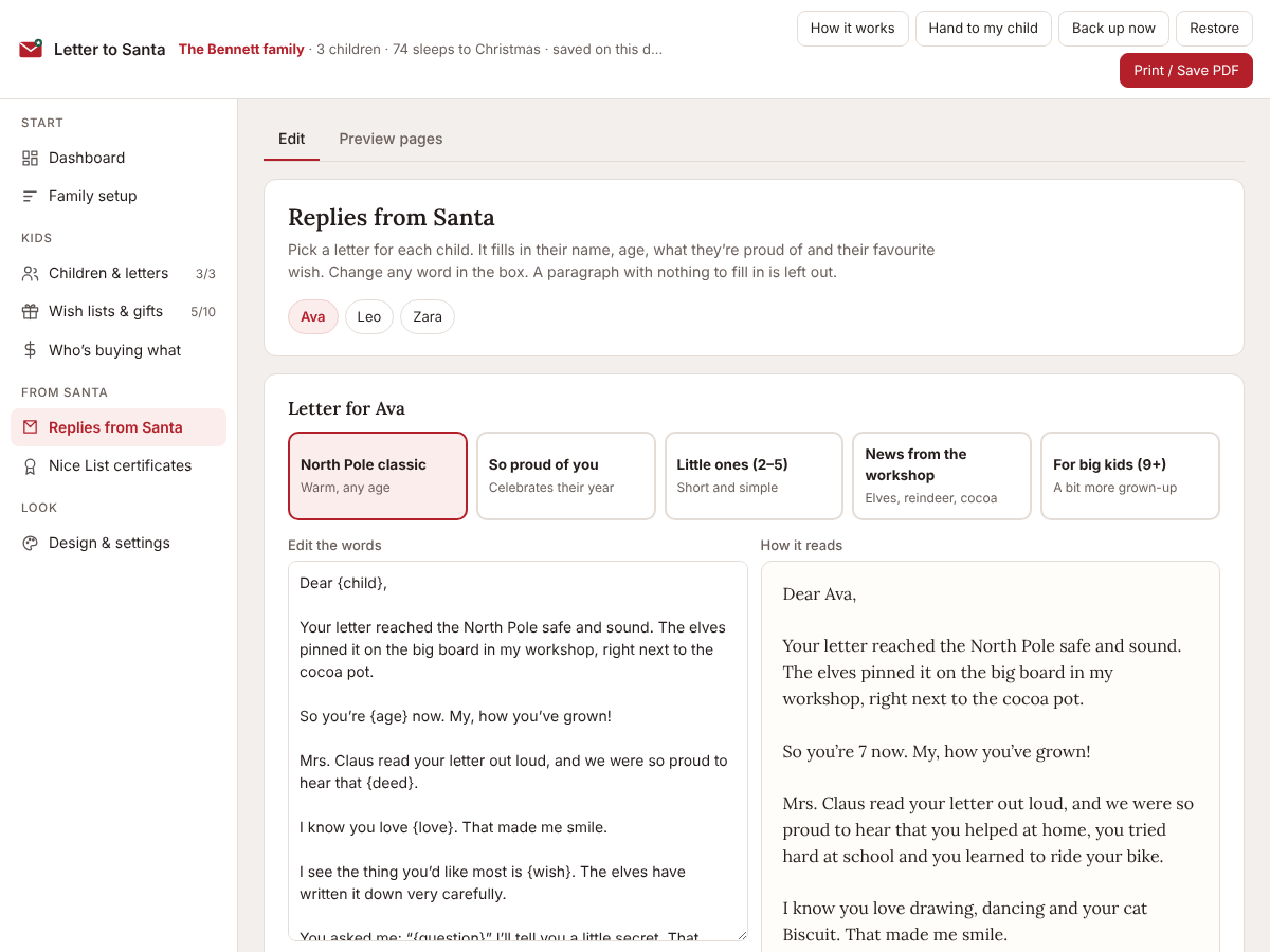 Replies from Santa screen with five letter choices, an edit box and a preview of the finished letter